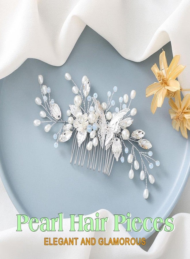 JEAIRTS Butterfly Wedding Hair Comb Pearl Bridal Hair Pieces Sparkly Crystal Hair Accessories for Women (1-Silver) - Image 2